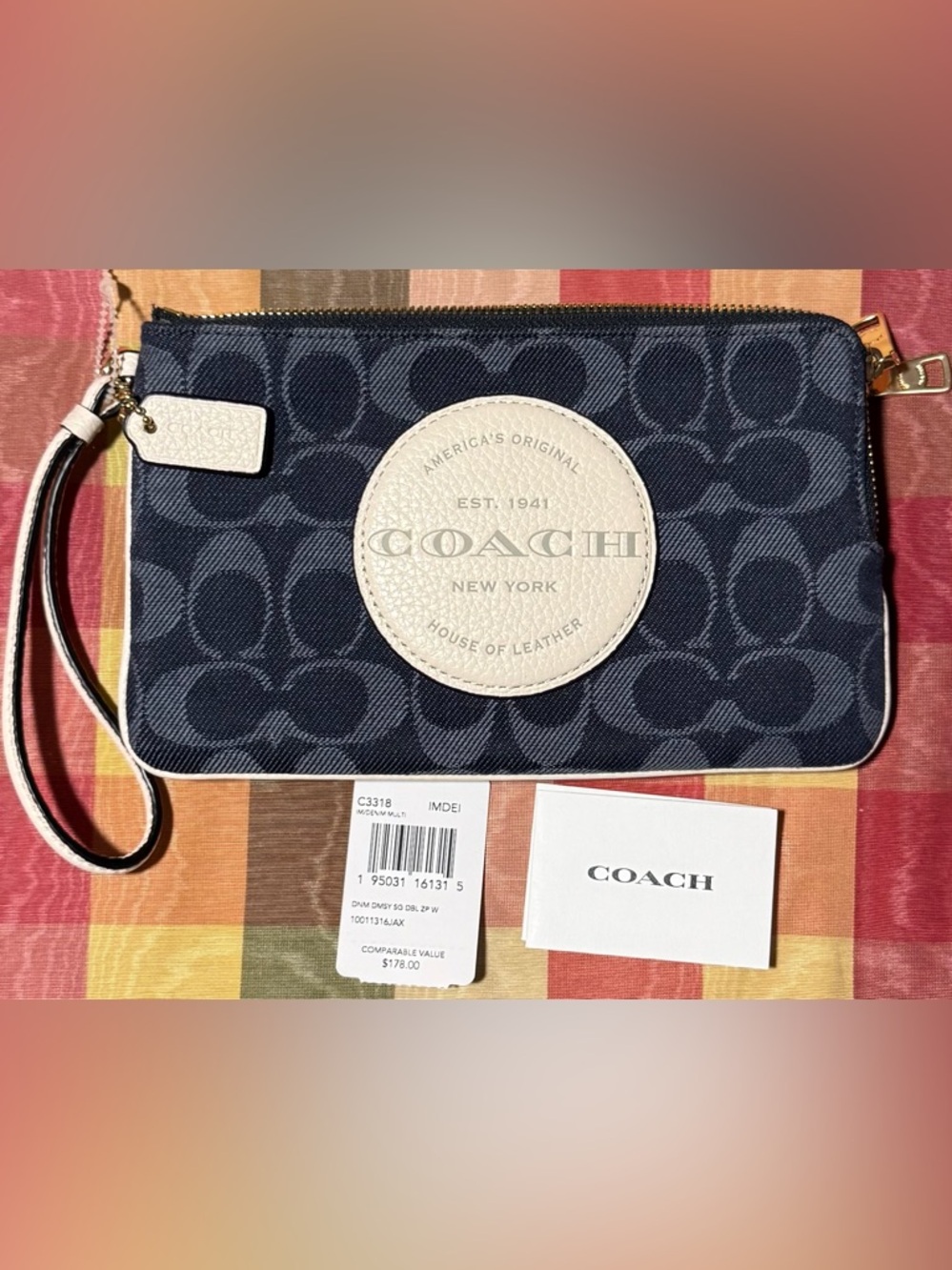 COACH Dempsey 40 Navy Denim/White Signature Tote with Wallet Double Zip Wristlet - Picture 7 of 14